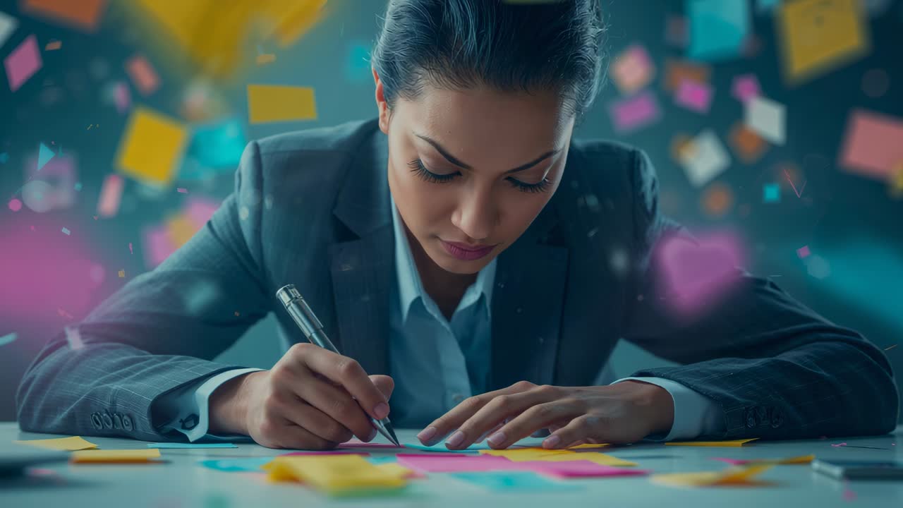 Spotting pink note, woman in blue shirt writing sticky notes at desk with ballpoint pen, planning