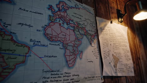 hand-drawn world map with study notes
