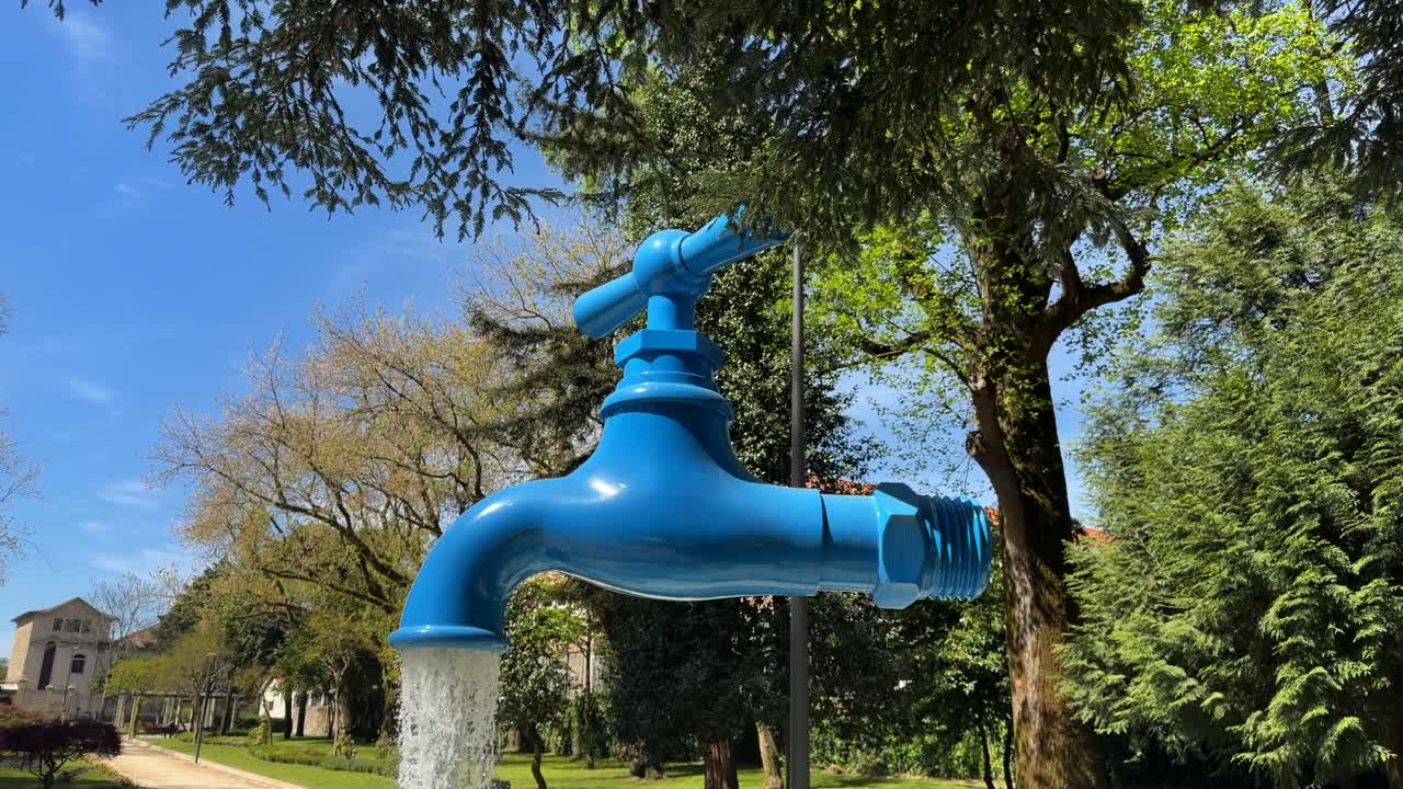 Rubinetto dell'acqua blu di grandi dimensioni che scorre in un parco verde con alberi e un sentiero.