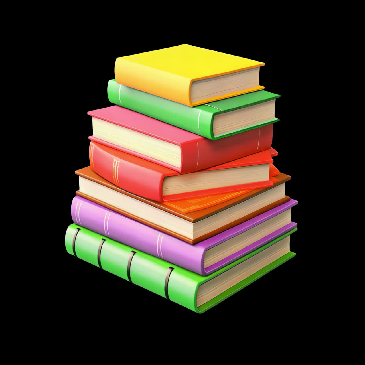 Stacked colorful books animation isolated asset, transparent 4K video, alpha channel, ProRes 4444