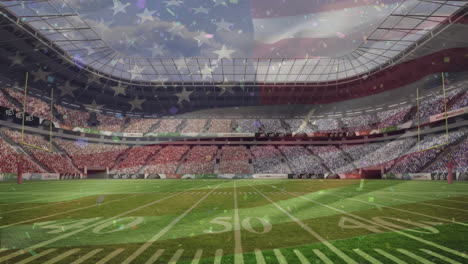 animación de la bandera de los estados unidos ondeando sobre el campo de fútbol americano y el estadio deportivo