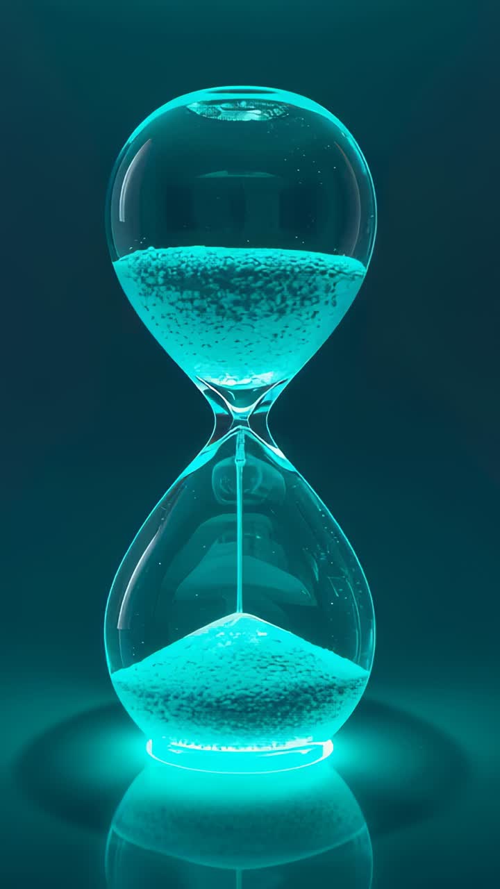 Vertical video: Flowing sand in clear hourglass measuring time in teal studio, underlight warming
