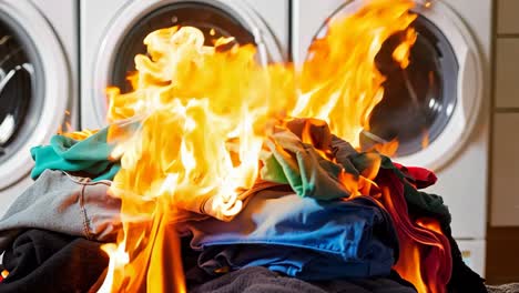 una pila de ropa en llamas delante de una lavadora