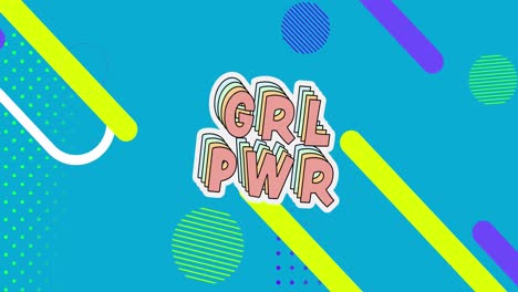animación de texto de girl power y formas abstractas que se mueven sobre un fondo azul