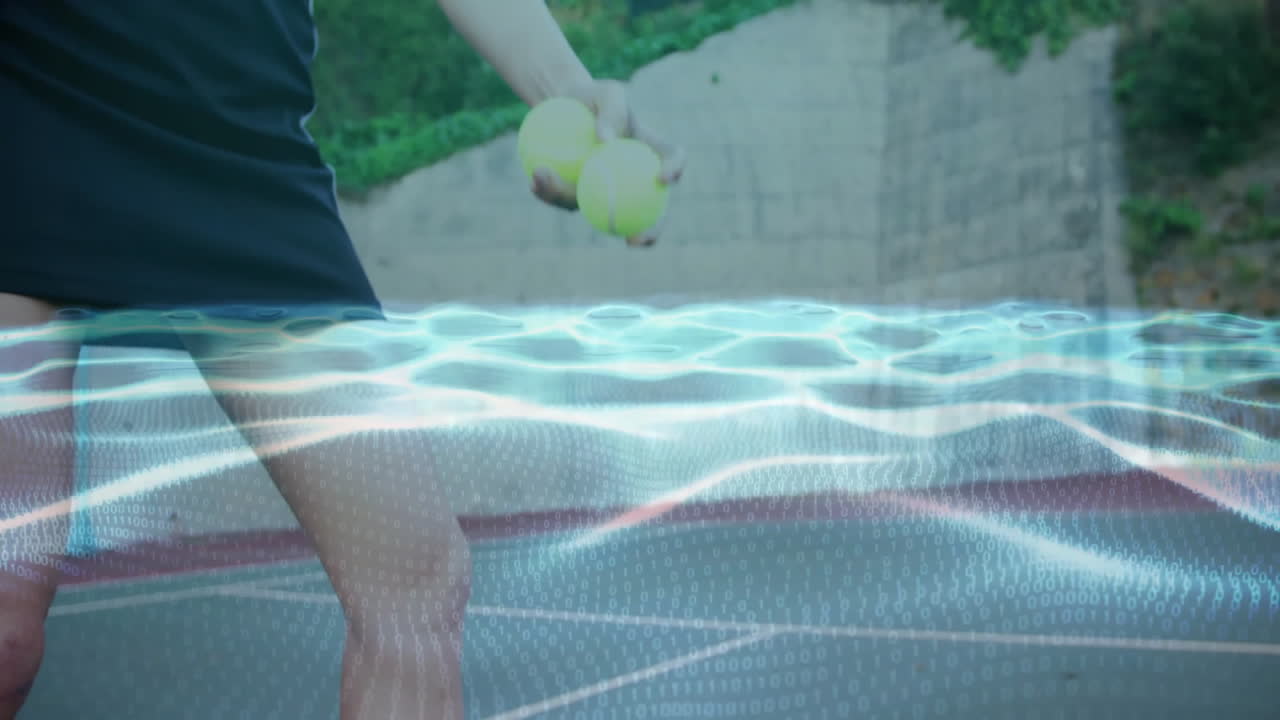 woman holding tennis balls and racket on court, showcasing sports technology binary grid overlay