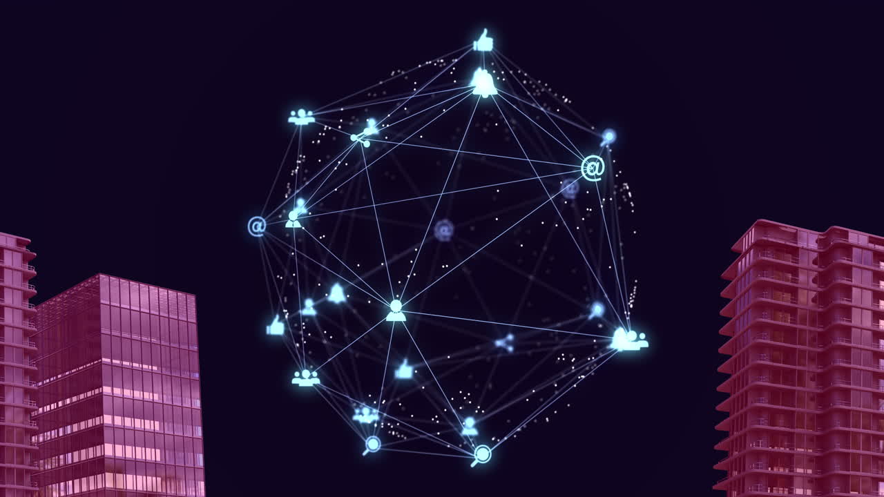 animación del globo de la red digital de conexiones con iconos sobre el modelo de paisaje urbano 3d rosa