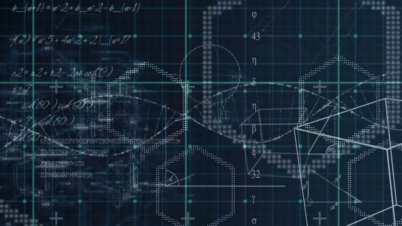 Animation of blue grid over equations and geometric shapes and processing data, on black