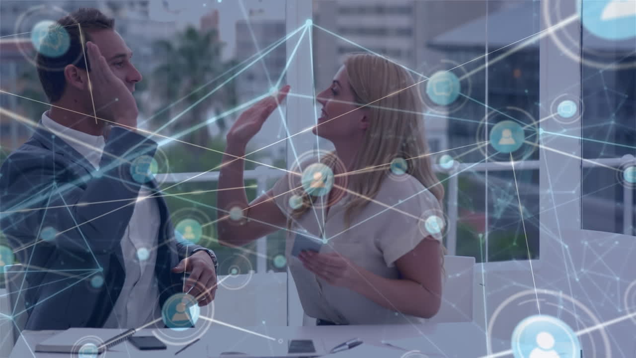 анимация сети связей над кавказскими бизнесменами в офисе