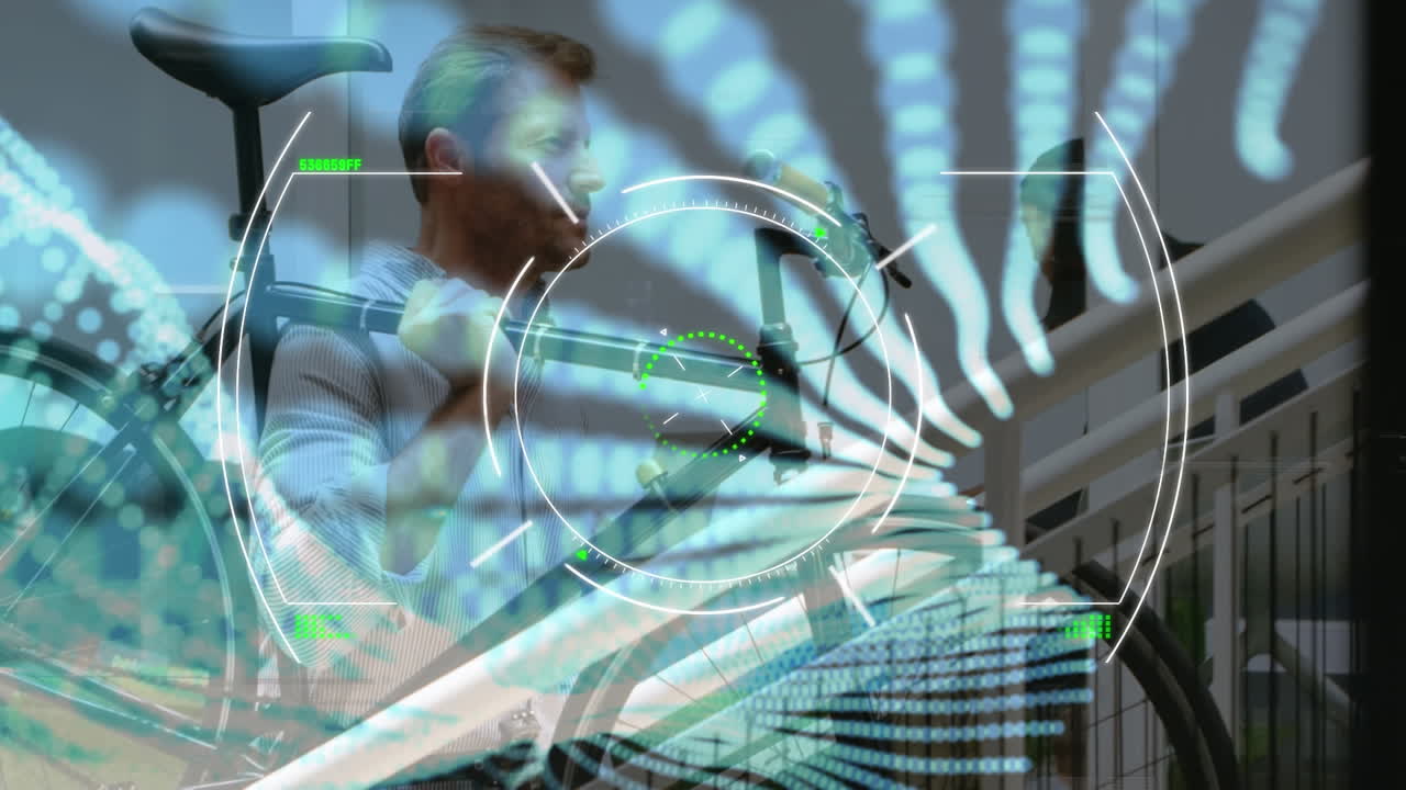 animación del procesamiento de datos financieros sobre un hombre que lleva una bicicleta