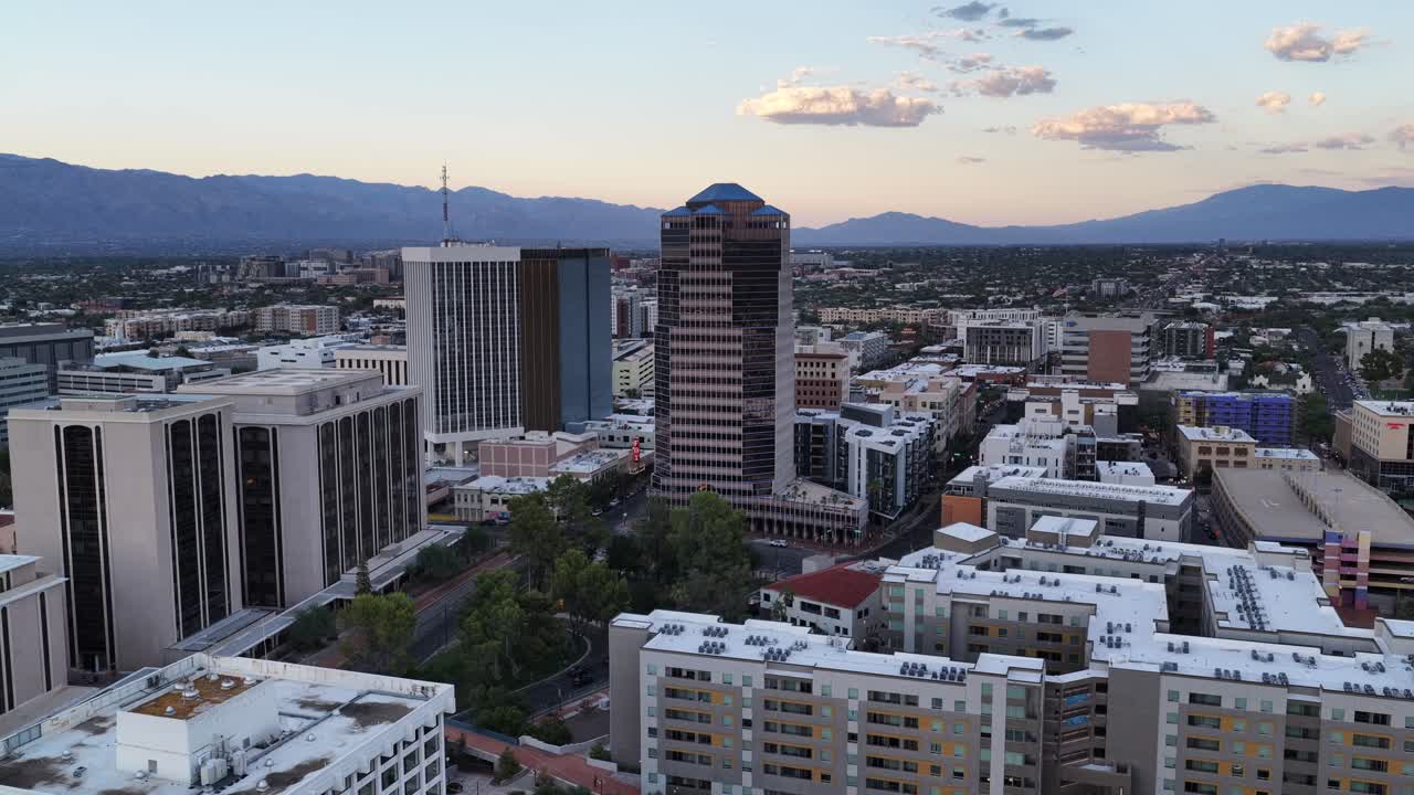 Ascending drone shot of downtown Tucson, Arizona