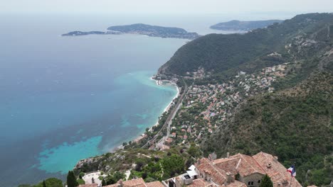 Eze,-Riviera-Francesa,-Costa-Azul,-Drone-Costero,-Aéreo,-Vista-Desde-El-Aire