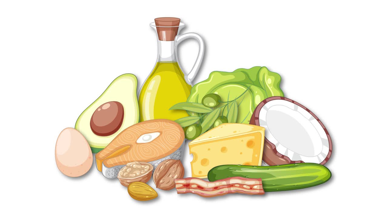 Cartoon food items rotate smoothly, highlighting avocado, oil, cheese, eggs, vegetables, and nuts