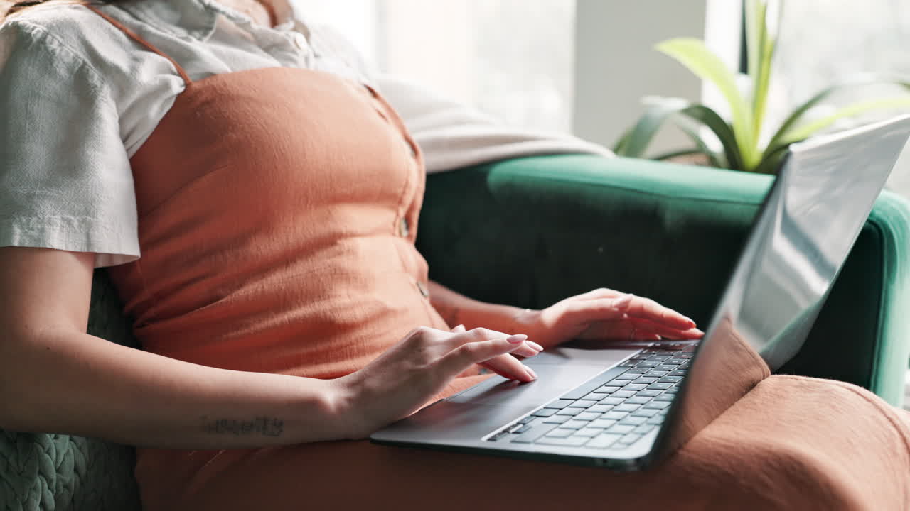 집에서 소파에서 노트북으로 일하는 여자