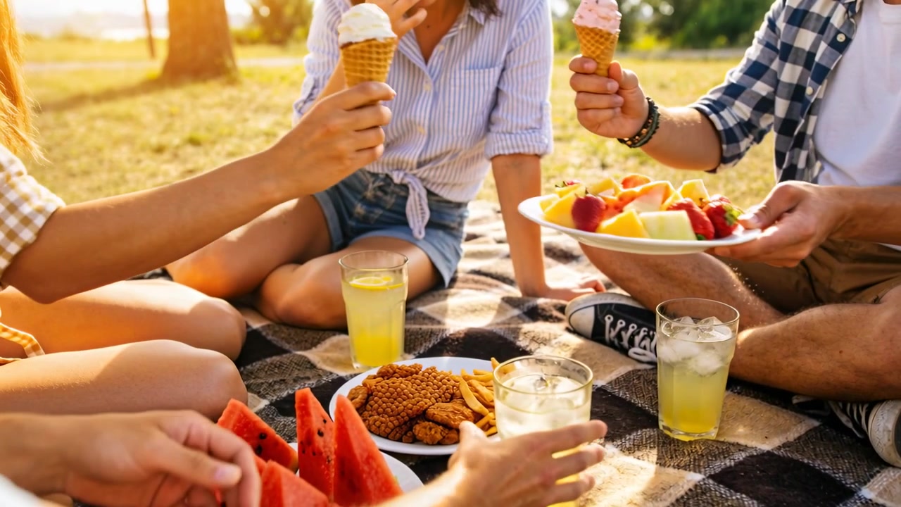 Entregando un plato, amigos con ropa informal pasando fruta en una manta a cuadros, levantando conos para brindar