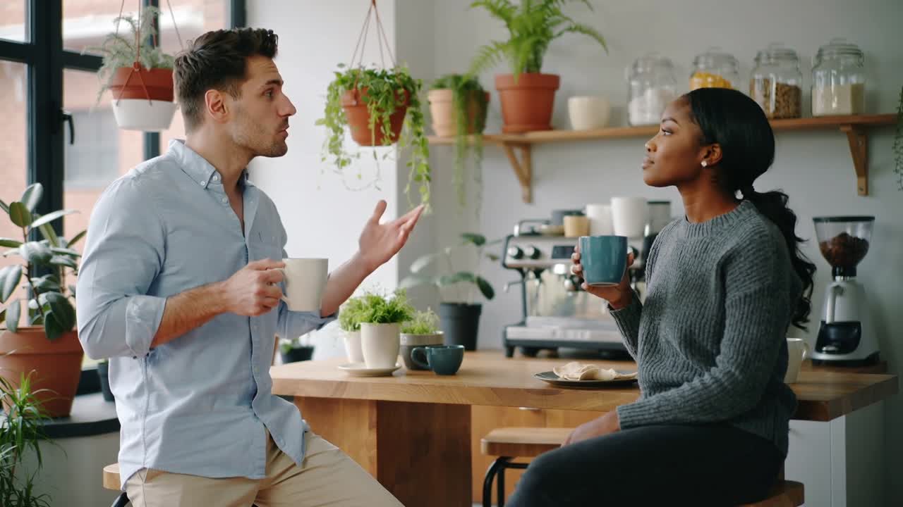 Noticing woman's sip, man gesturing, explaining at kitchen island, blue shirt, dark sweater, mugs