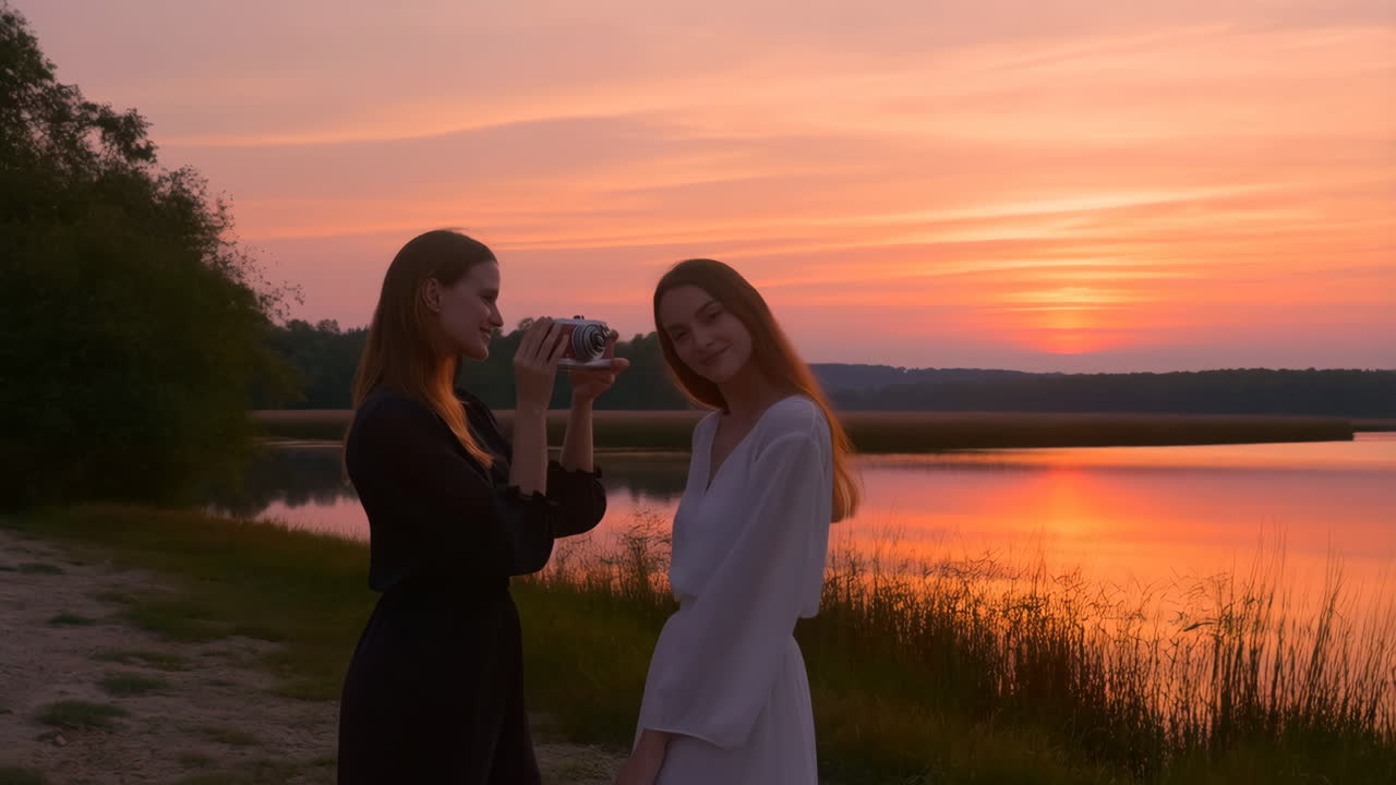 Women taking photos by a lake at sunset