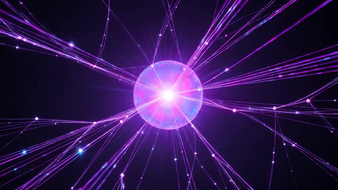 Pulsing orb sending filaments and nodes through dark void after frame start, emitting energy