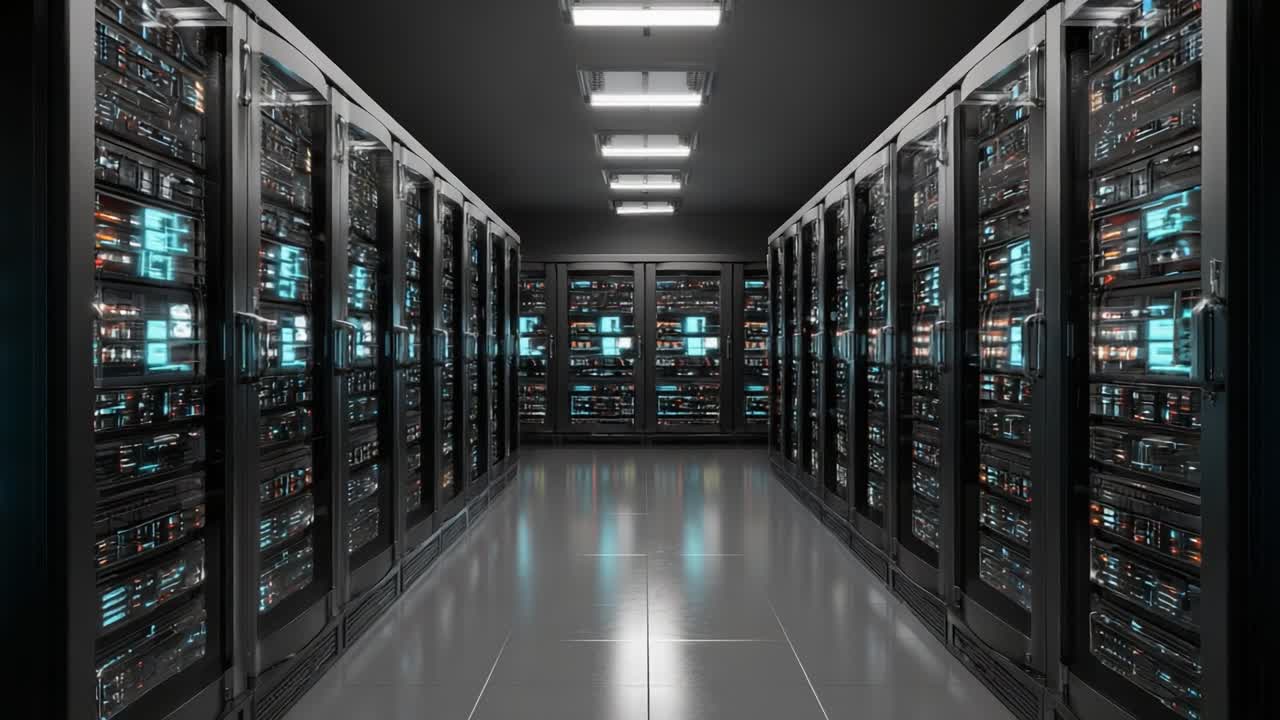 A Sleek and Modern Data Center Featuring Rows of High-Tech Servers Illuminated by LED Lights, Designed for Peak Performance and Efficient Data Management Infrastructure