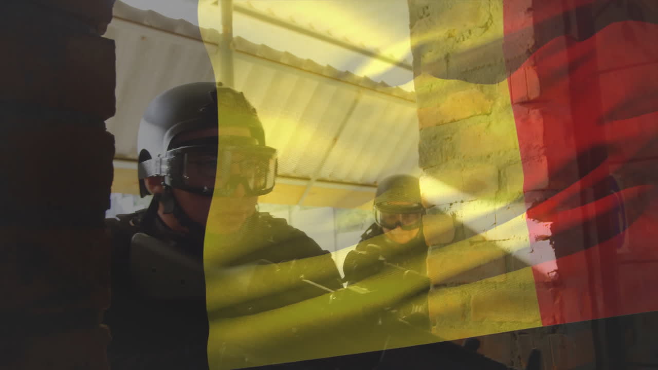 In animation, police officers in tactical gear with Belgian flag overlay
