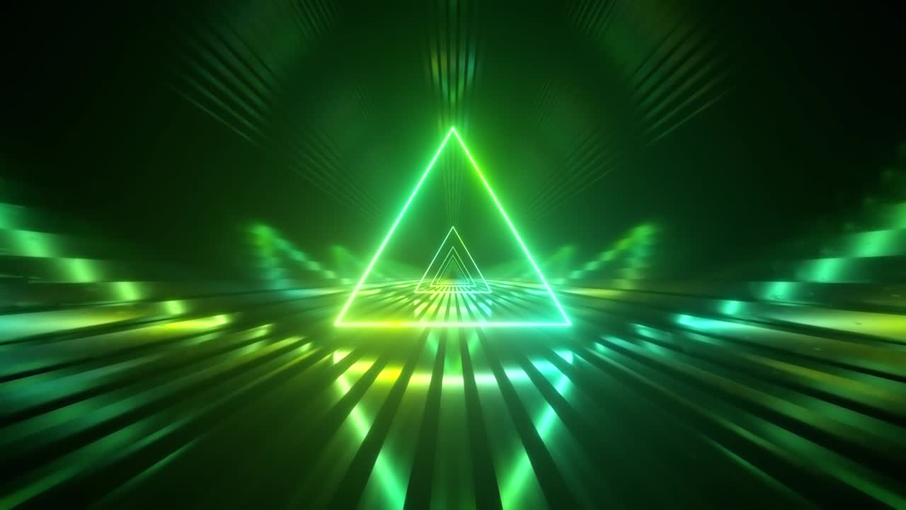 túnel de ciencia ficción con triángulos de neón. un vuelo sin fin hacia adelante. iluminación de neón moderna. bucle sin costuras 3d render