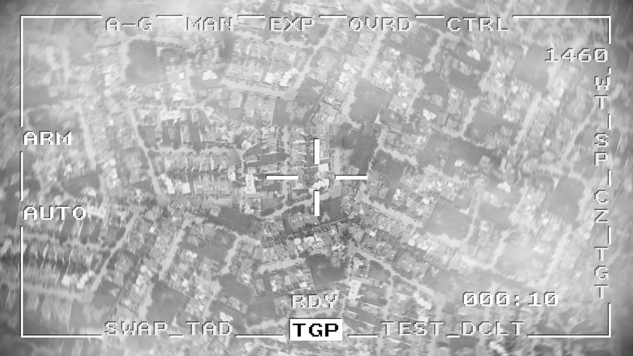 스마트 폭탄 미사일 던지기 군사 드론 스파이 전쟁 pov 공중 총격 떨어지는 4k