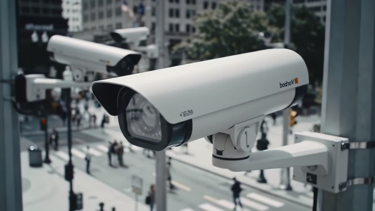 Surveillance Hub: Multiple Security Cameras Overlooking a Busy Urban Intersection Capturing the Pulse of City Life