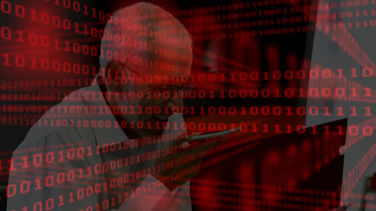 Man leaning forward, tapping tablet, inspecting security data while red binary overlay scrolling
