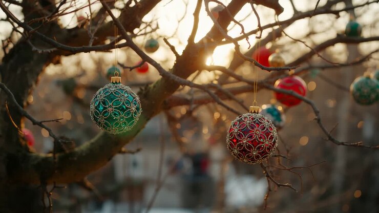 Ornate green and red baubles swaying on backyard branches in gentle breeze, with lens flare
