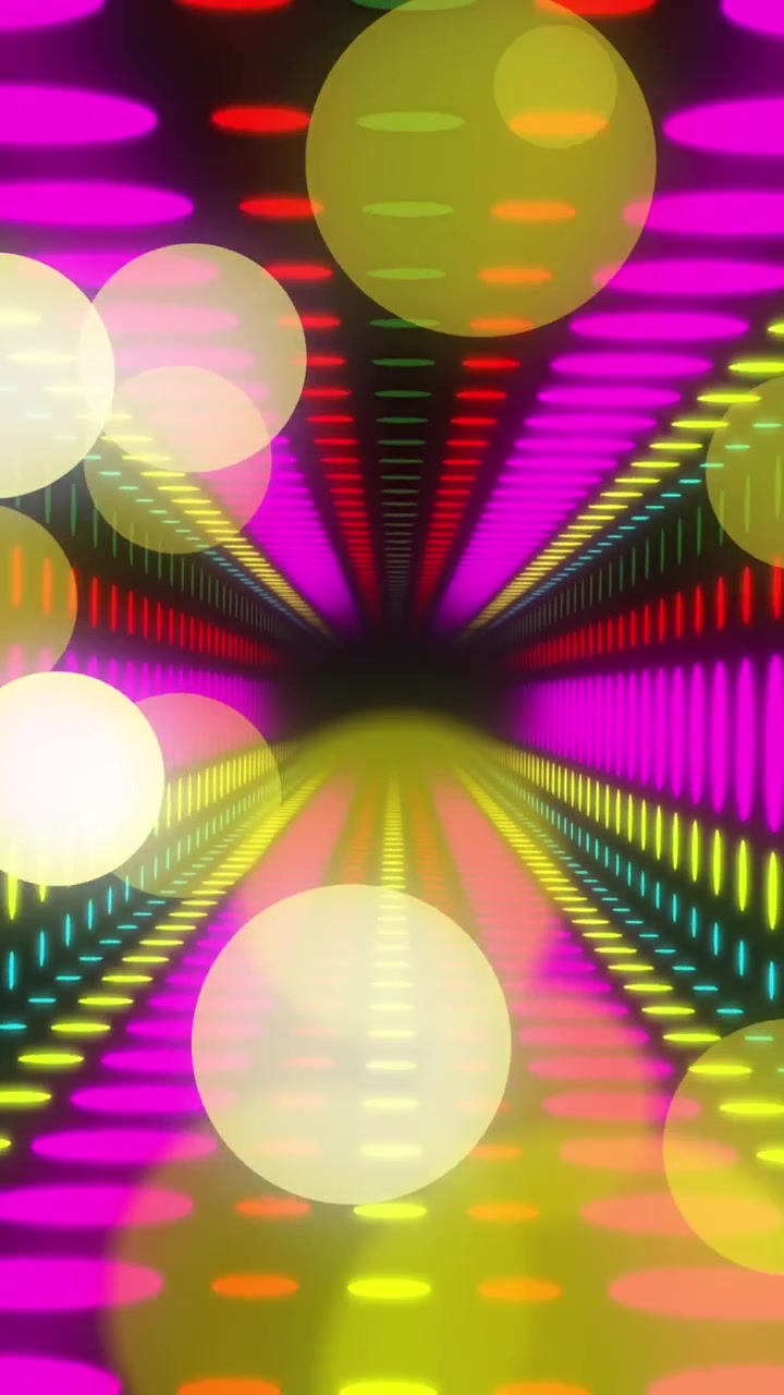 Animazione di punti neon colorati e tunnel digitale su sfondo nero