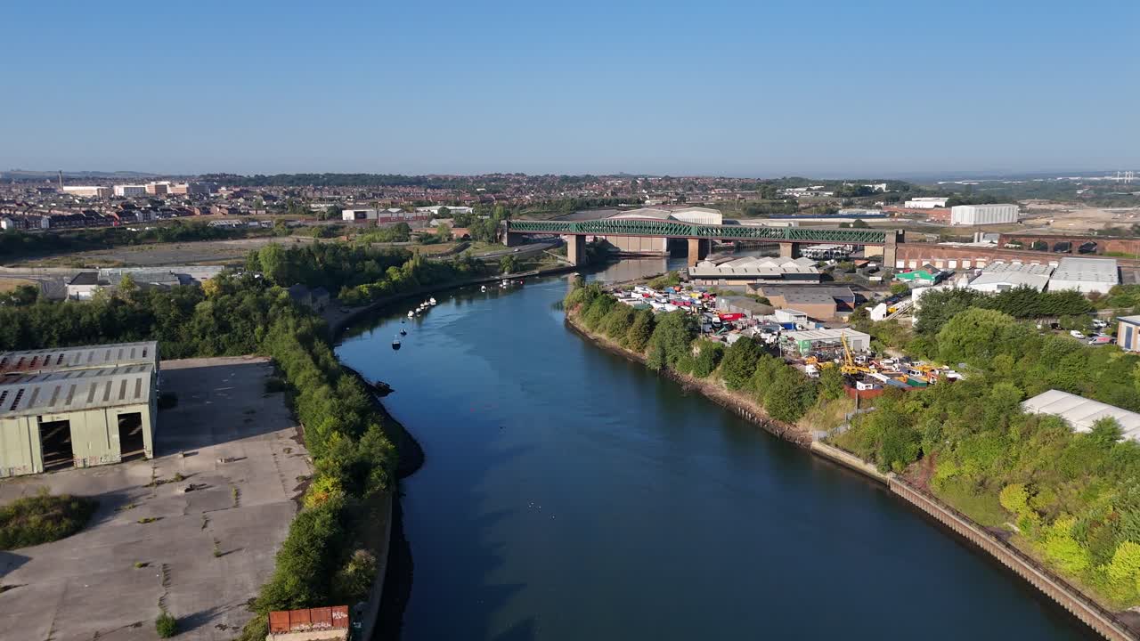 Drone Aerial Footage of Sunderland River with Queen Alexandra and North Spire Bridges on Summer Early Morning