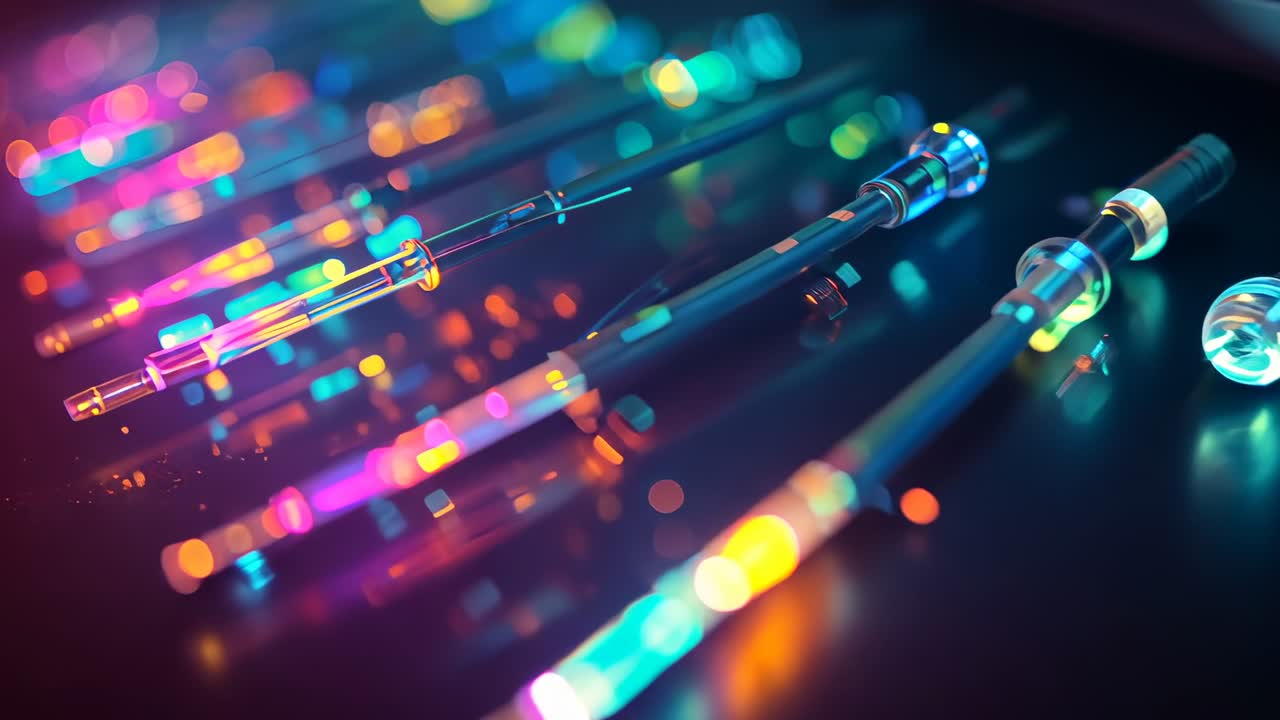 Fiber optic rods pulsing on table as sixth rod with glass connector sliding in, revealing filaments