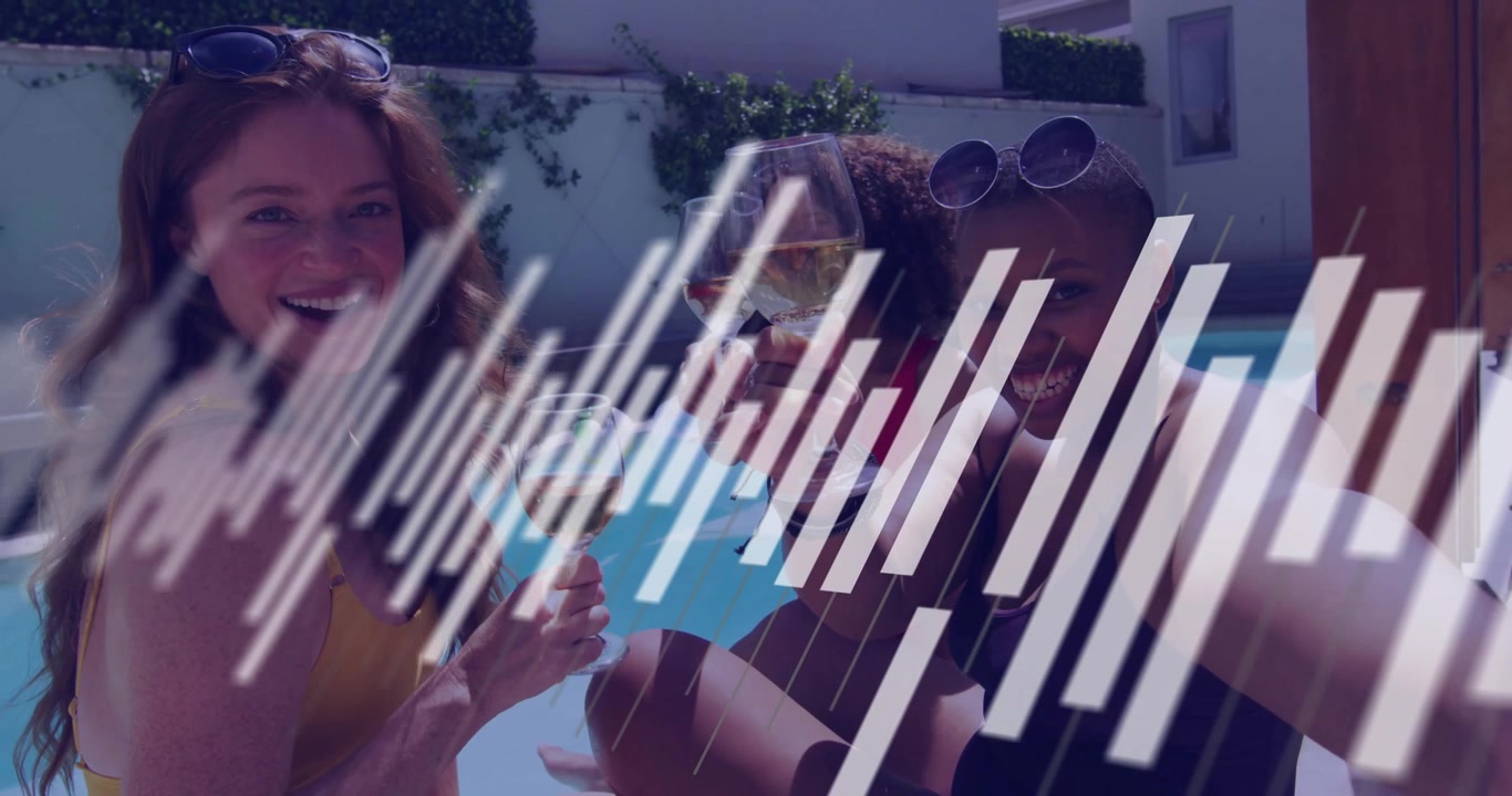 Three friends toasting with wine glasses poolside as slanted bars receding for travel marketing