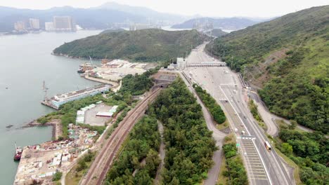 Traffic-on-a-rural-highway-interchange-in-Hong-Kong,-Aerial-view