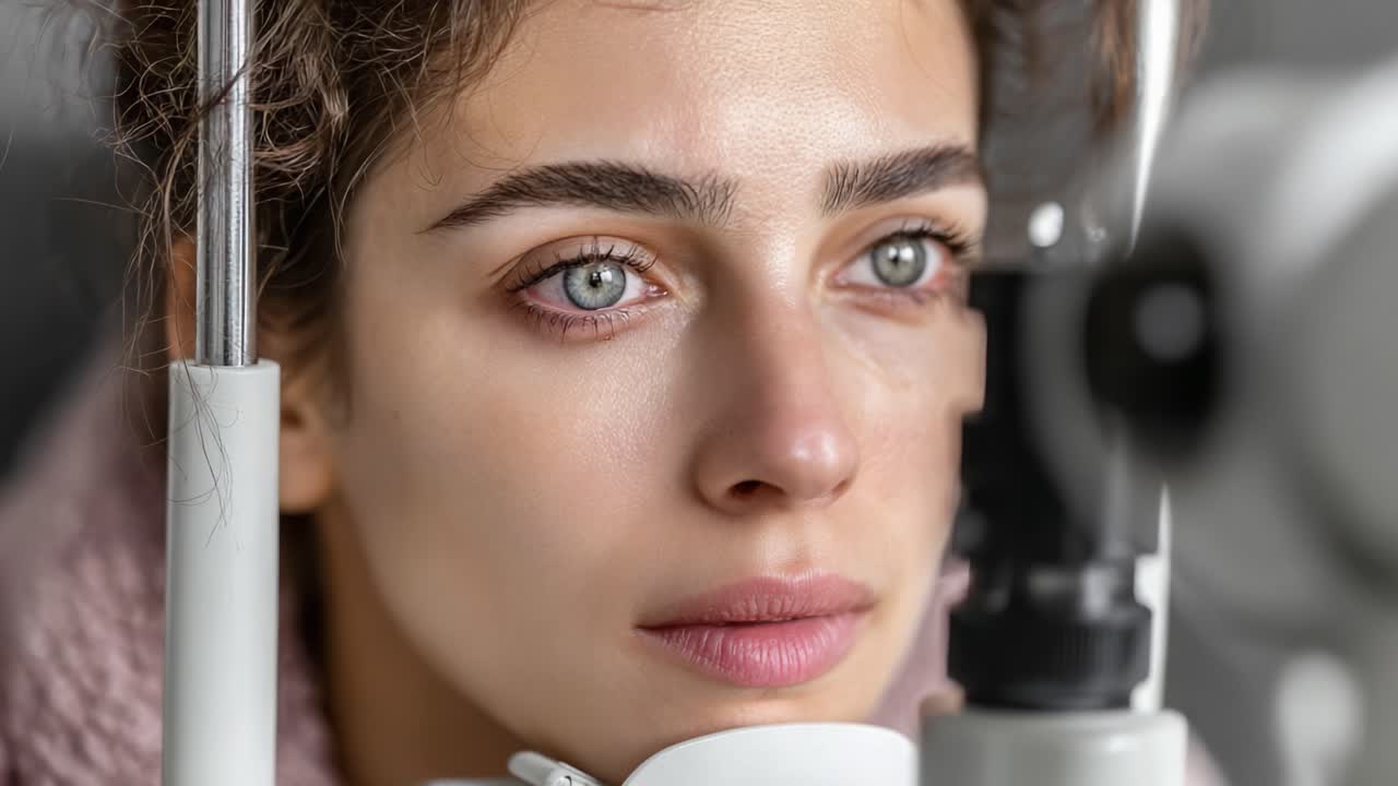 A close-up of a young woman with beautiful eyes undergoing an eye examination, illustrating the intricate process of vision assessment and the importance of eye health