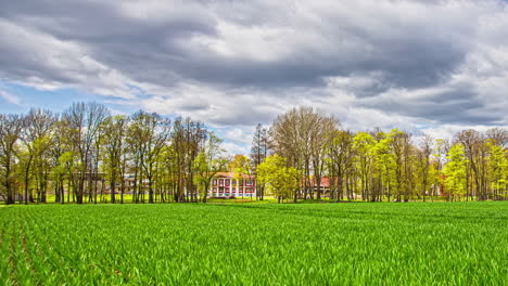 Ein-Feld-Mit-Hohem-Grünen-Gras-In-Zeitrafferaufnahmen-Zeigt-Ein-Großes-Haus,-Umgeben-Von-Hohen-Bäumen-Und-Einem-Bewölkten-Himmel