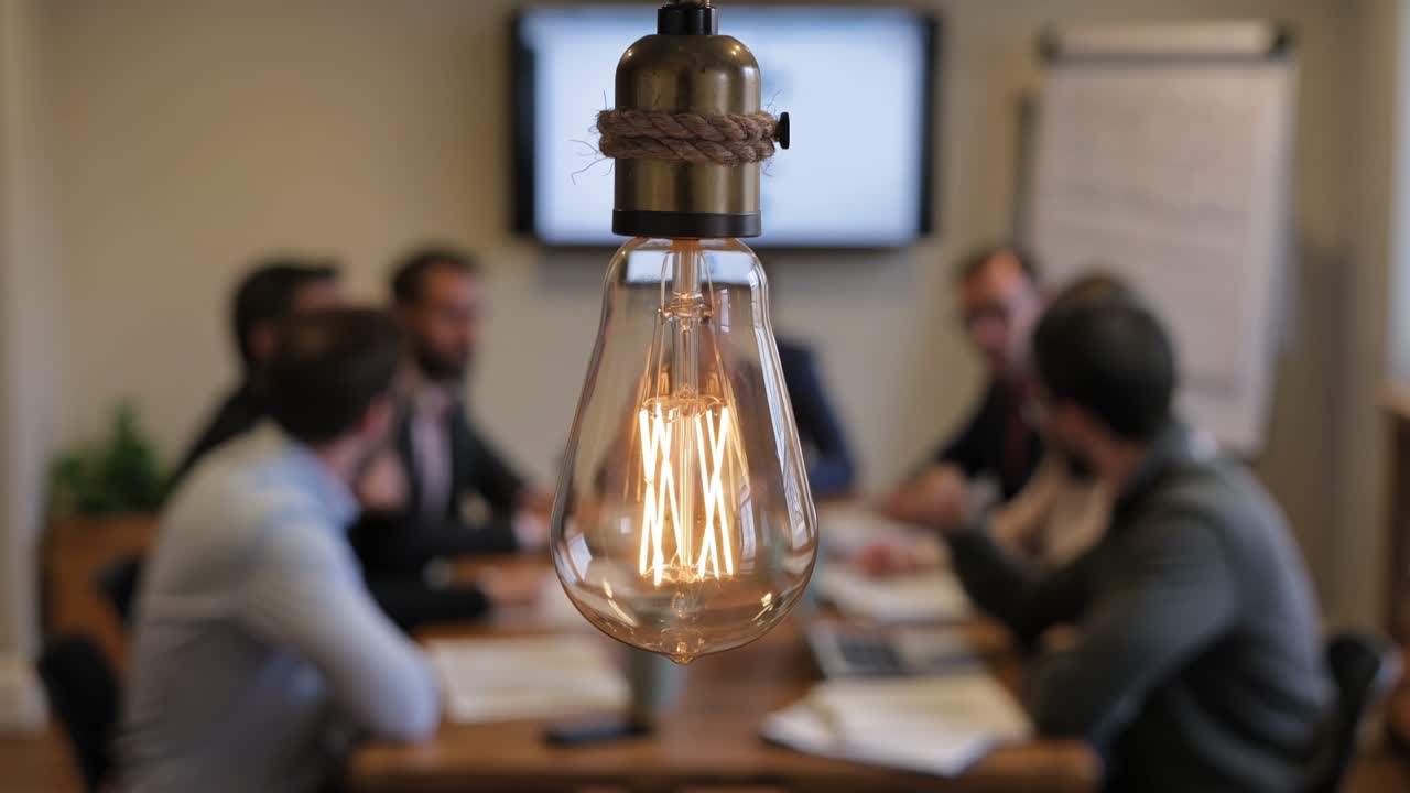 Vintage Edison light bulb hanging in focus with a blurred business team meeting in the background