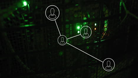 animation of network of connections with icons and data processing over computer servers