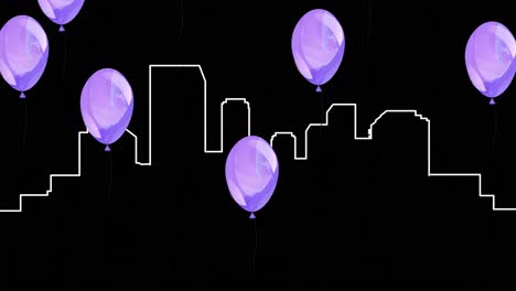 digital animation of multiple purple balloons floating over city structure against black background