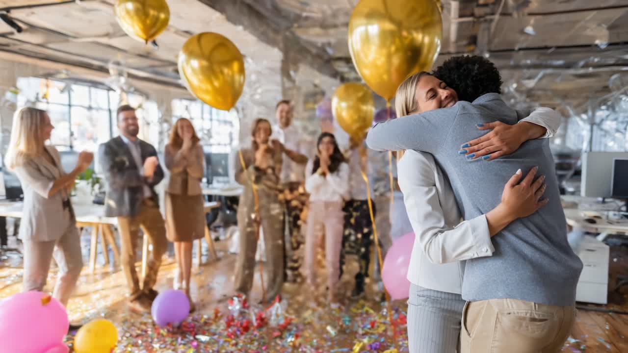 A joyful celebration of achievement unfolds in a modern workspace, featuring balloons, confetti, and happy colleagues showering praise and support for the momentous occasion