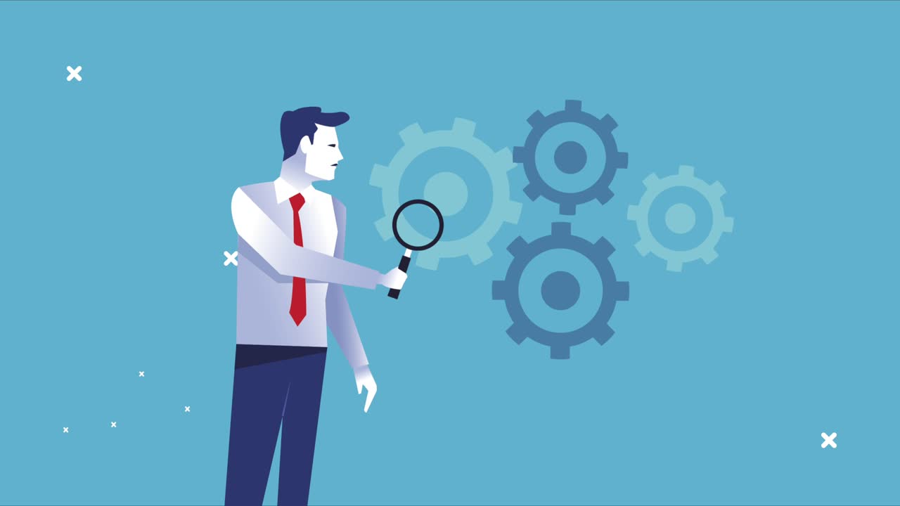 elegant businessman worker with magnifying glass and gears