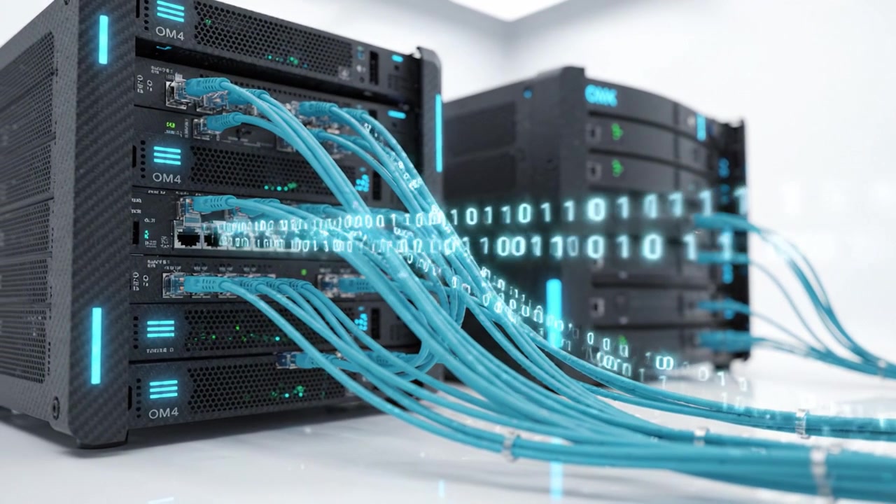 Advanced Network Infrastructure Featuring High-Performance Servers with Data Cables and Binary Code Flowing, Demonstrating Modern Computing Technologies and Connectivity.