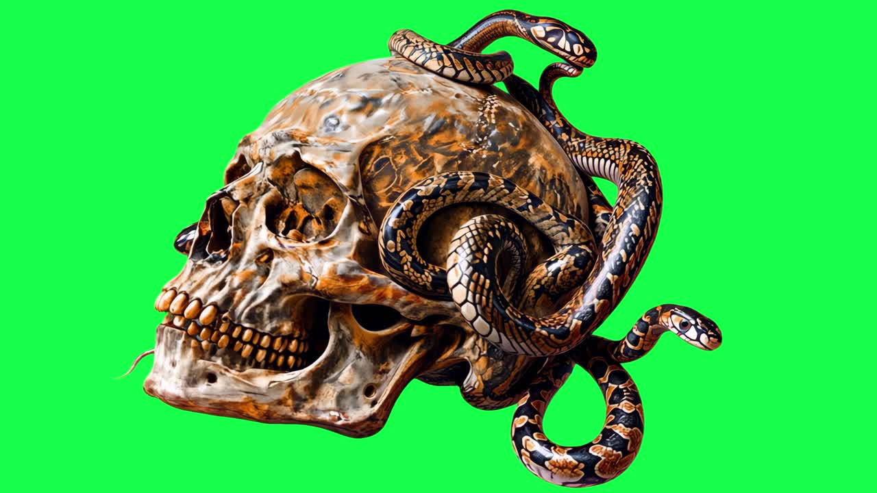 Skull with snakes animation, transparent 4K video, green screen