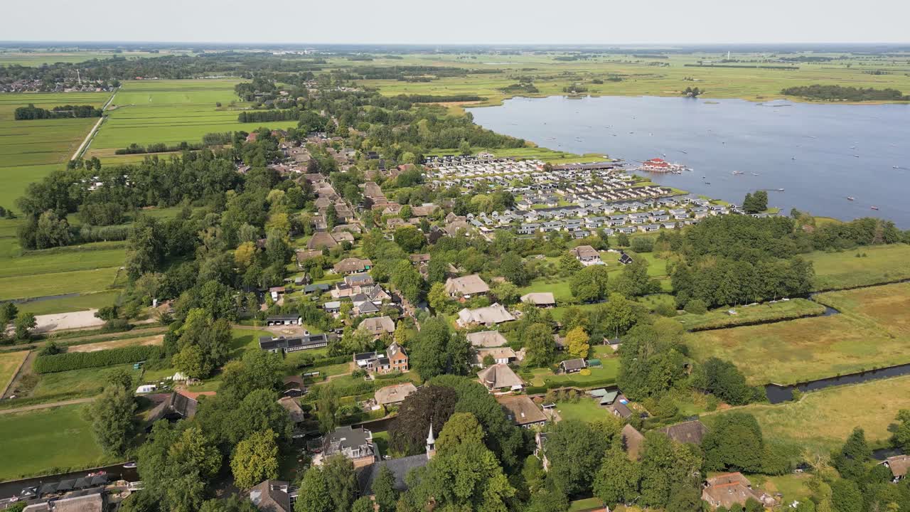 Aerial View of a Dutch Village by a Lake
