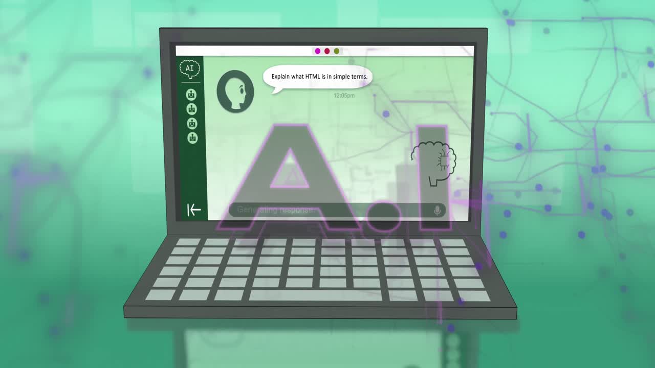 Animazione di chat AI e elaborazione dati su schermo di laptop