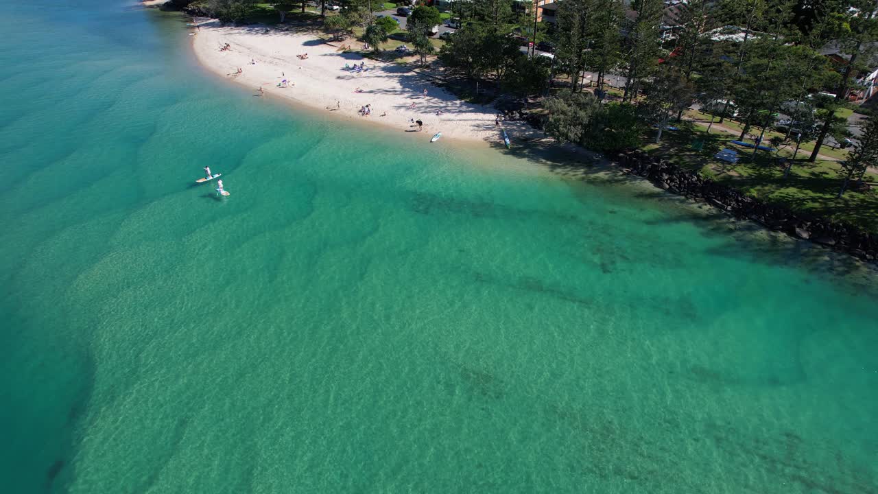 Tourists Enjoying At Tallebudgera Creek In Palm Beach, QLD, Australia - Aerial Drone Shot