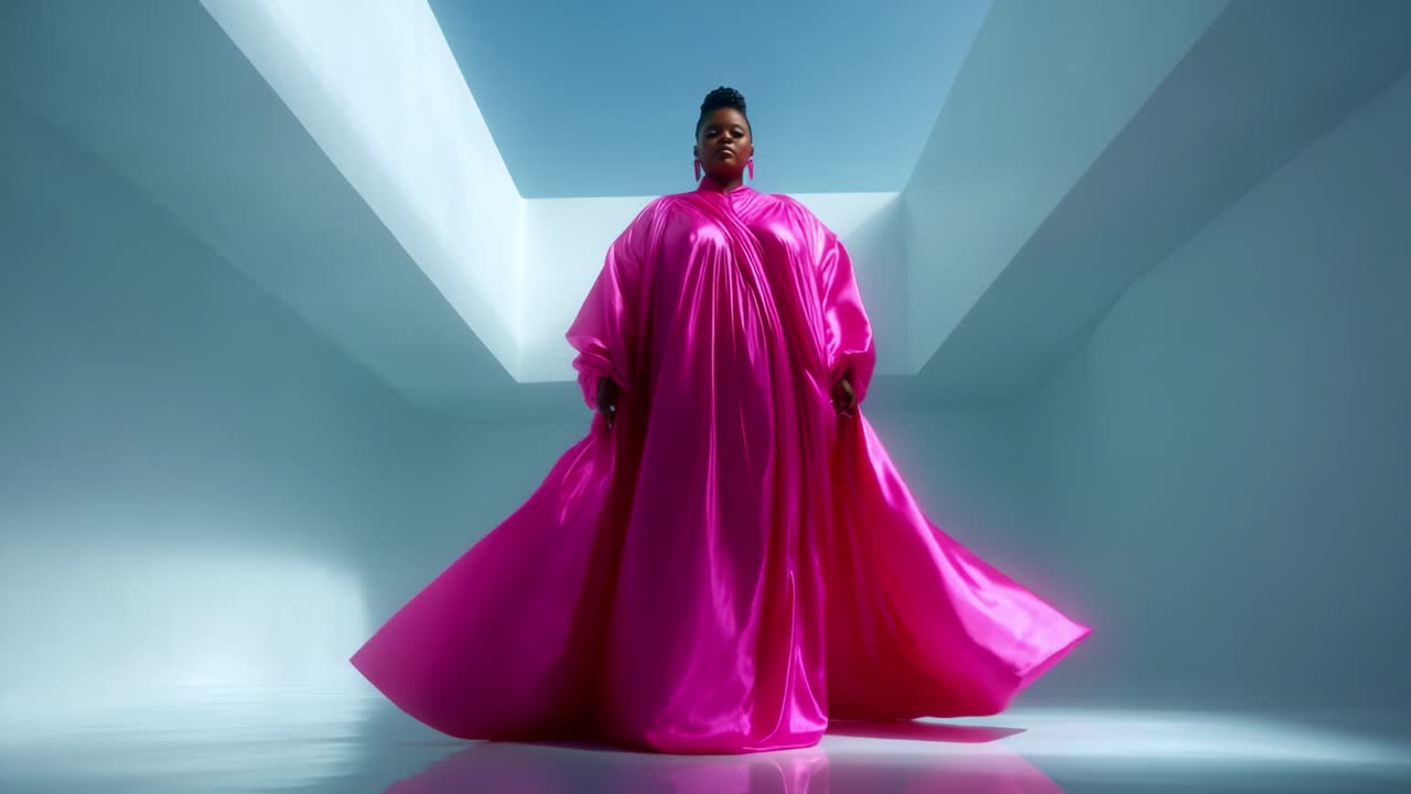 Fantastisk, elegant billede: En model i en lyserød kjole fanger scenen og fremhæver ynde og stil i et minimalistisk, lyst miljø