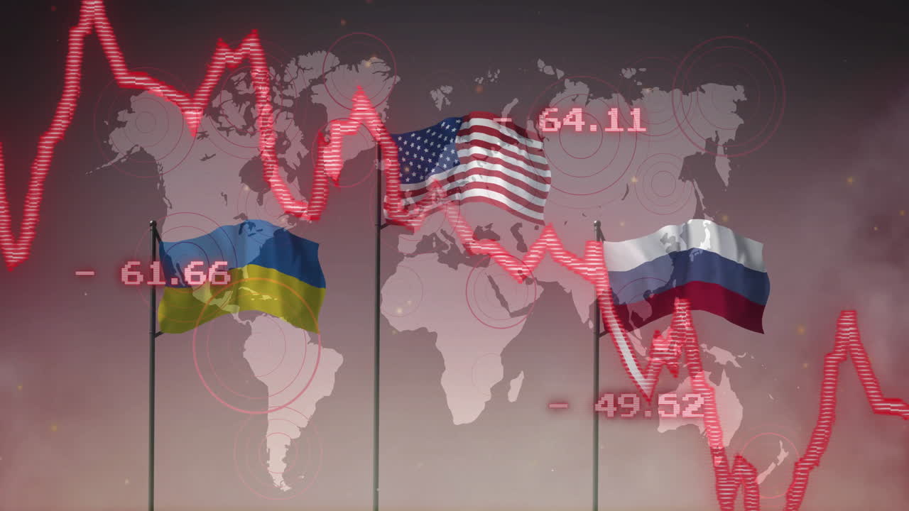 анимация над флагами украины, сша и россии с картой мира