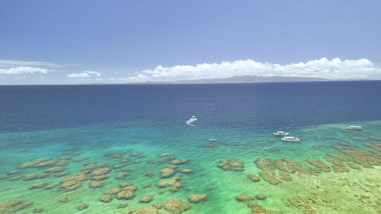 Vista aerea dall'alto di vivaci formazioni coralline in acqua turchese cristallina con una barca che passa.
