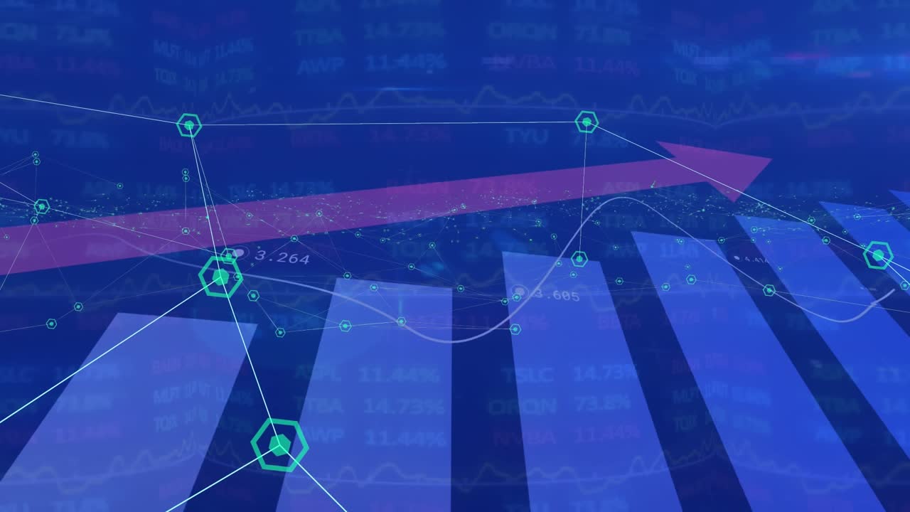 Animation of network of digital icons over statistical and stock market data processing
