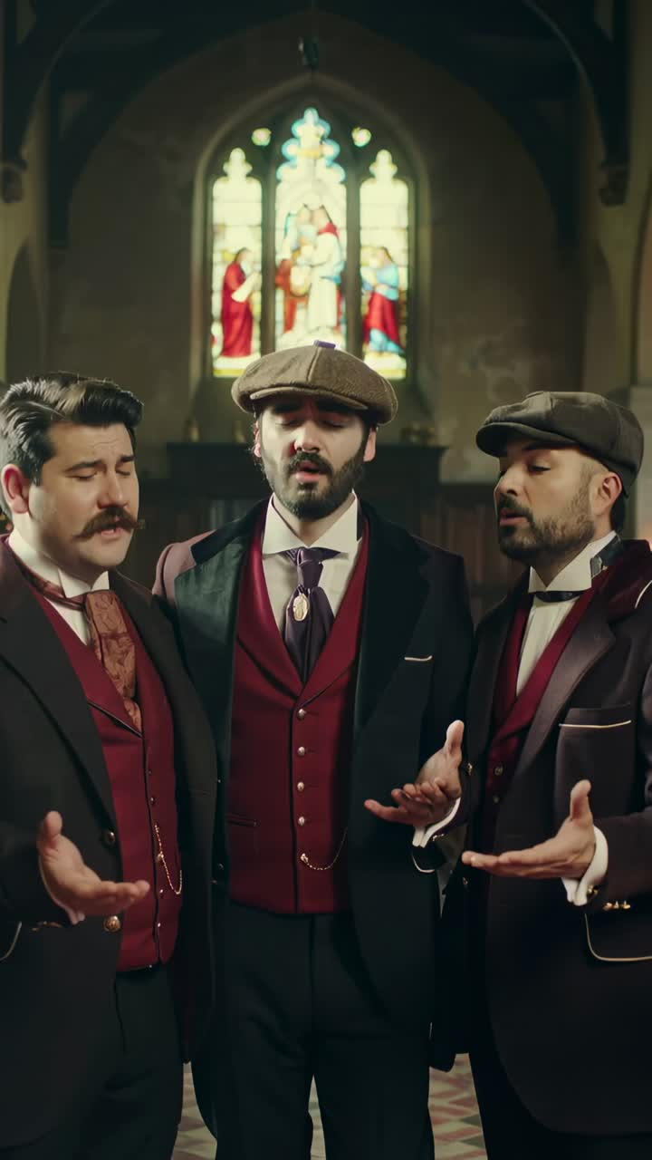 Vertical video: Lifting hands, period-suited male trio singing harmony in church, stained glass